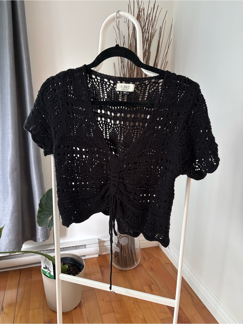 Black Crochet Drawstring V-Neck Crop Top